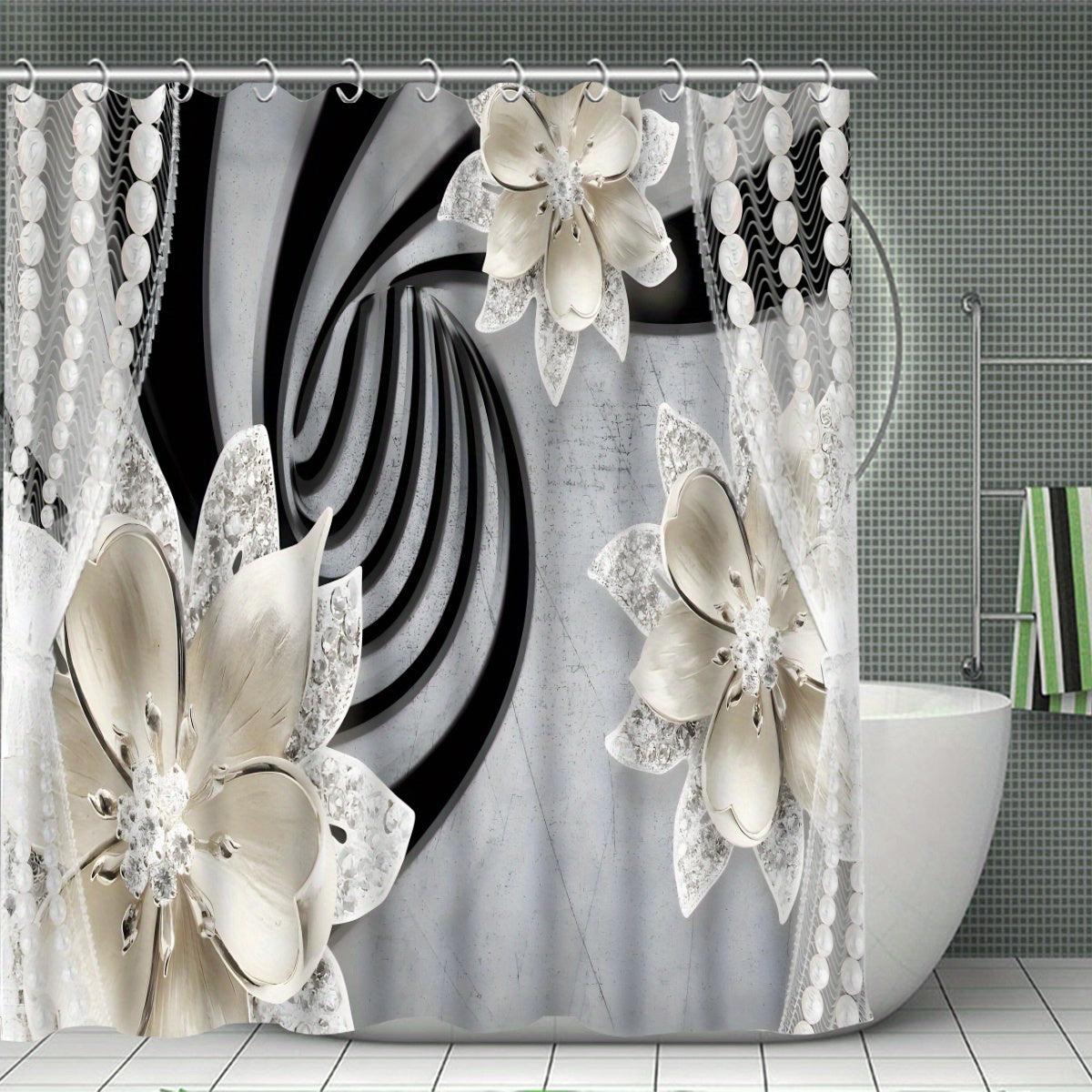 Set of 4 Diamond Flower Shower Curtains Bathroom Decor Set
