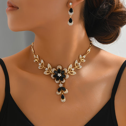 2pcs Set – Elegant Black Cubic Zirconia & Delicate Floral Necklace and Earrings