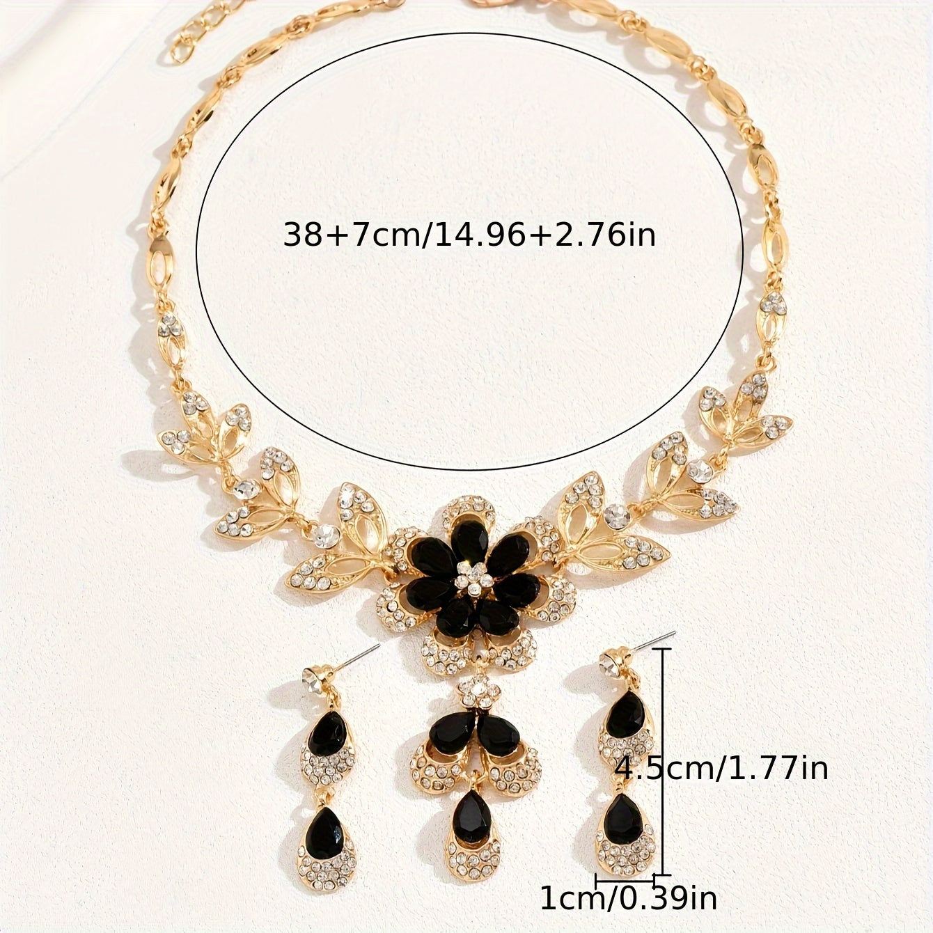 2pcs Set – Elegant Black Cubic Zirconia & Delicate Floral Necklace and Earrings