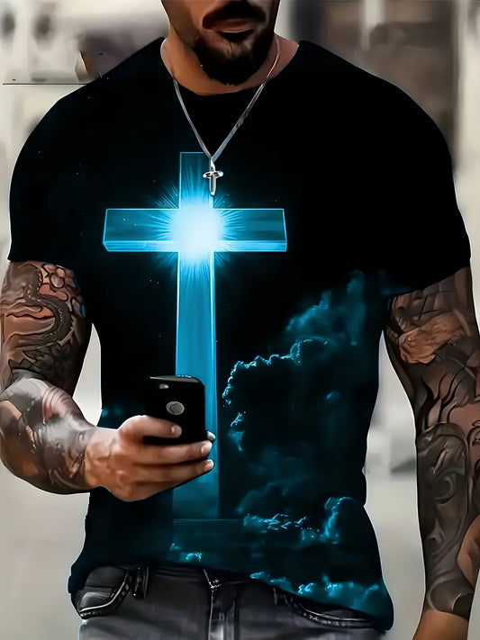 Men's Oversized Blue Shirt – Retro 3D Print with Cross Design