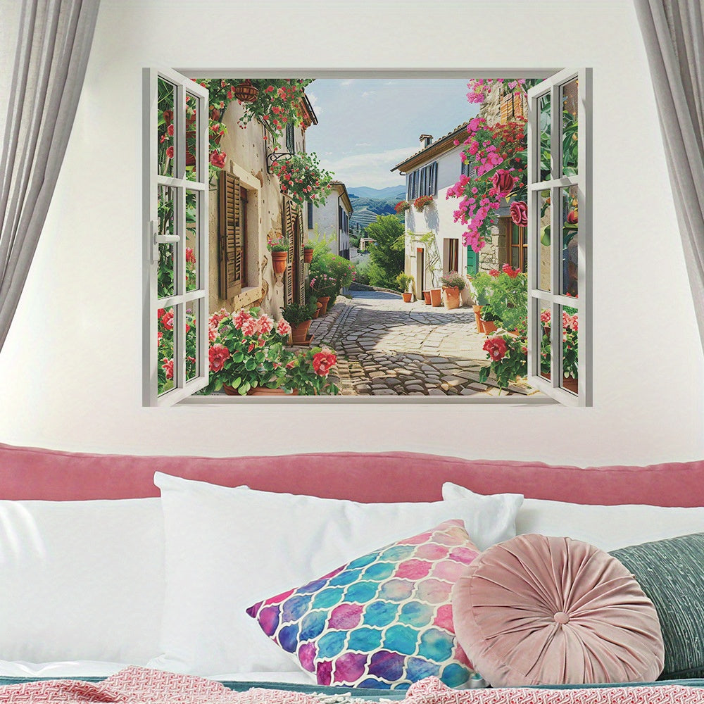 1pc Removable Village Street Scene Floral Wall Decal