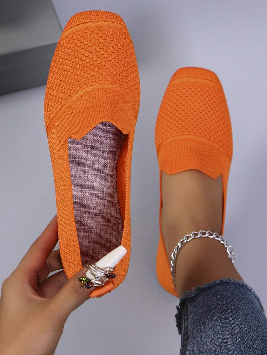 Women's Knitted Flat Loafers, Comfortable Square Toe Dolly Shoes, Breathable Mother Shoes For Spring/Autumn