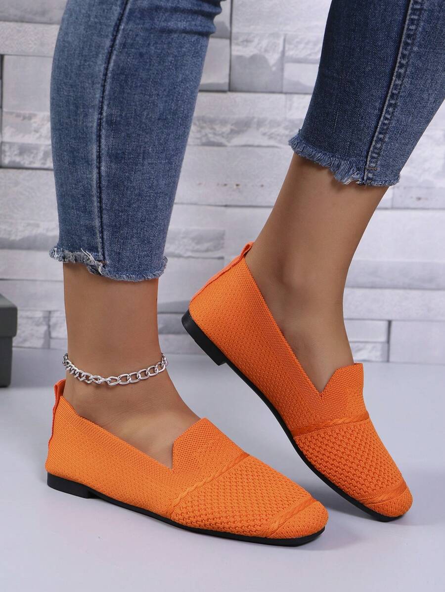 Women's Knitted Flat Loafers, Comfortable Square Toe Dolly Shoes, Breathable Mother Shoes For Spring/Autumn
