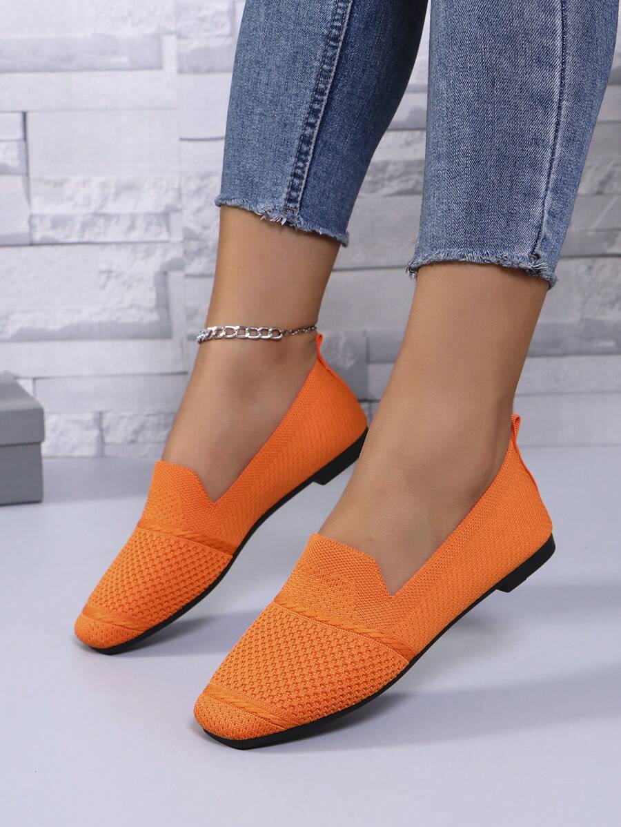 Women's Knitted Flat Loafers, Comfortable Square Toe Dolly Shoes, Breathable Mother Shoes For Spring/Autumn