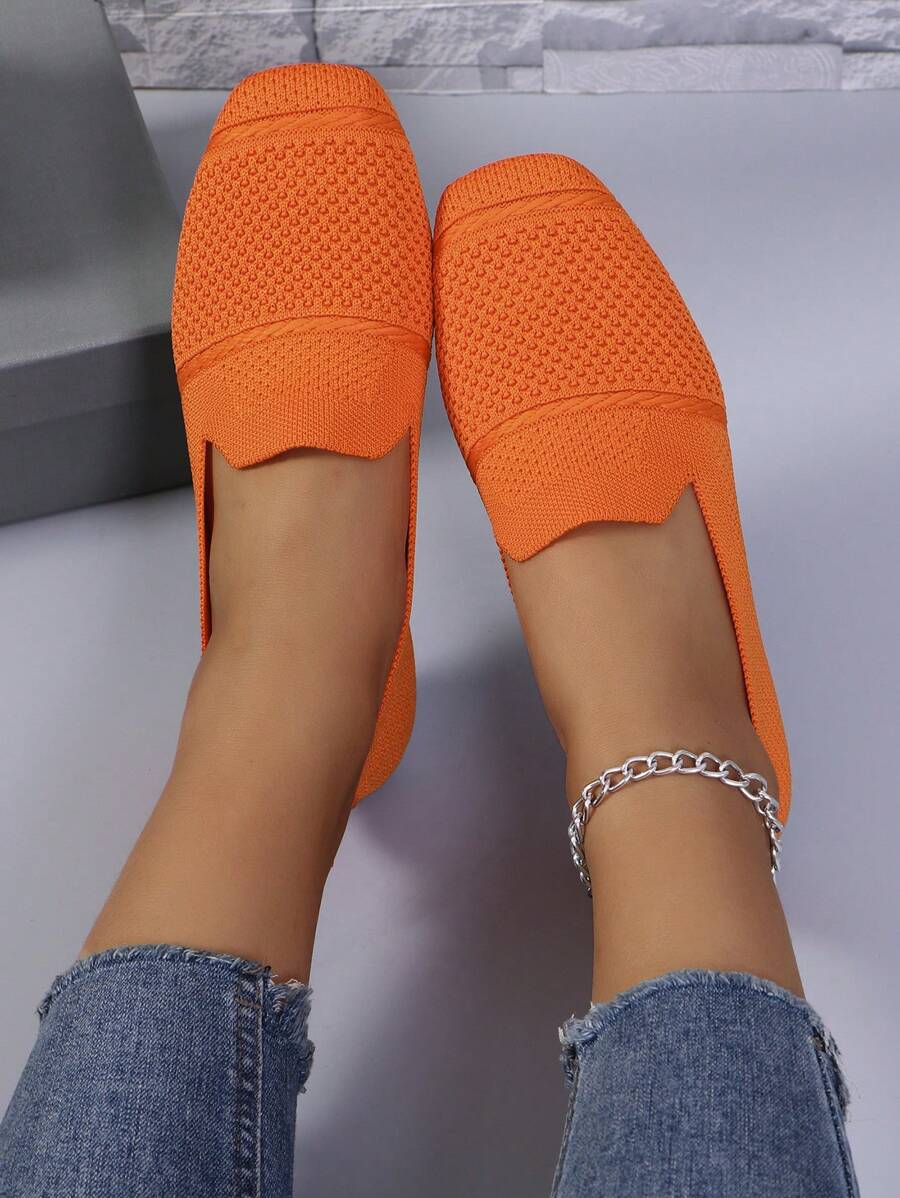 Women's Knitted Flat Loafers, Comfortable Square Toe Dolly Shoes, Breathable Mother Shoes For Spring/Autumn