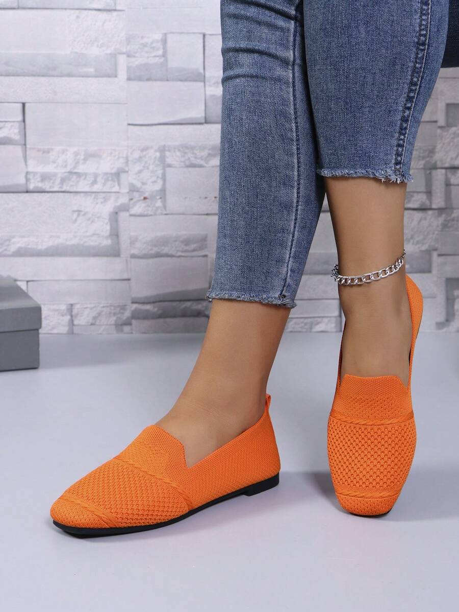 Women's Knitted Flat Loafers, Comfortable Square Toe Dolly Shoes, Breathable Mother Shoes For Spring/Autumn