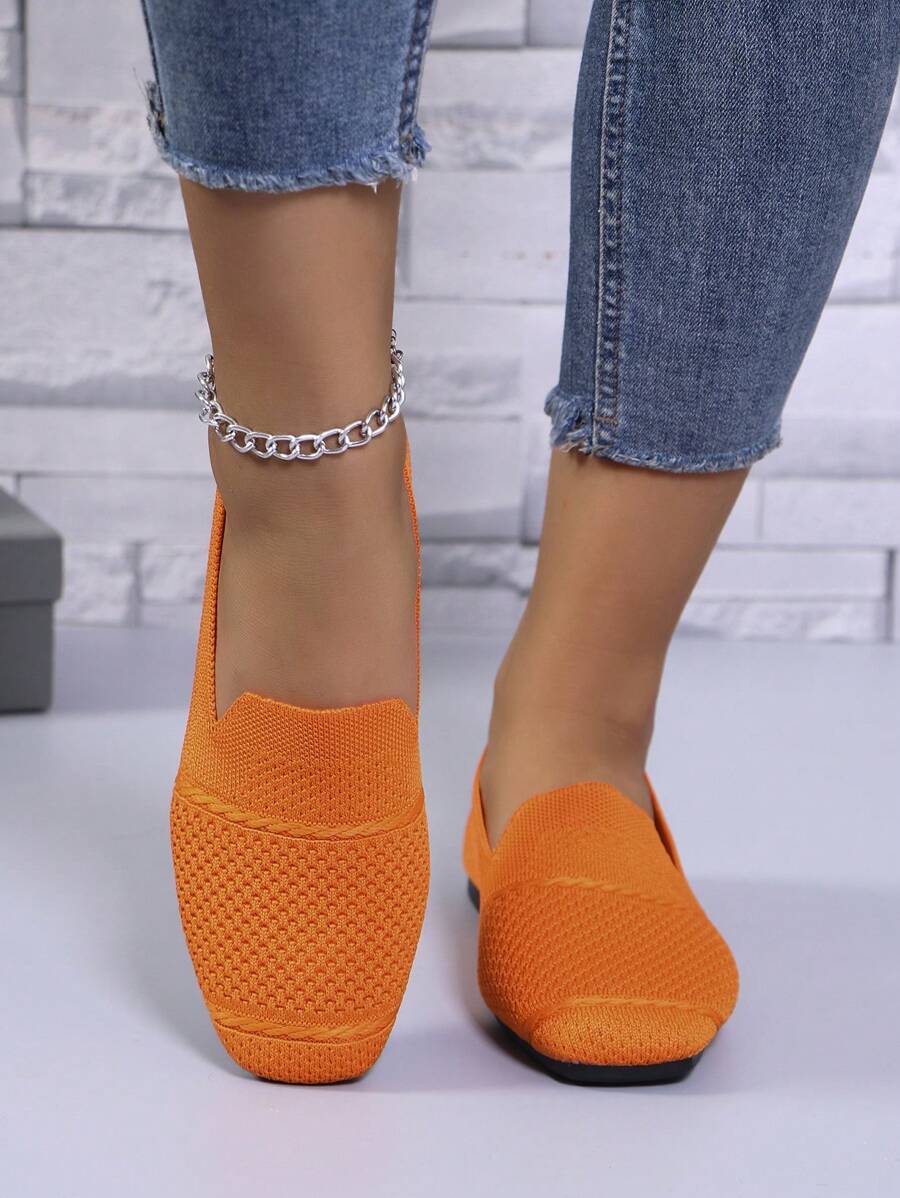 Women's Knitted Flat Loafers, Comfortable Square Toe Dolly Shoes, Breathable Mother Shoes For Spring/Autumn