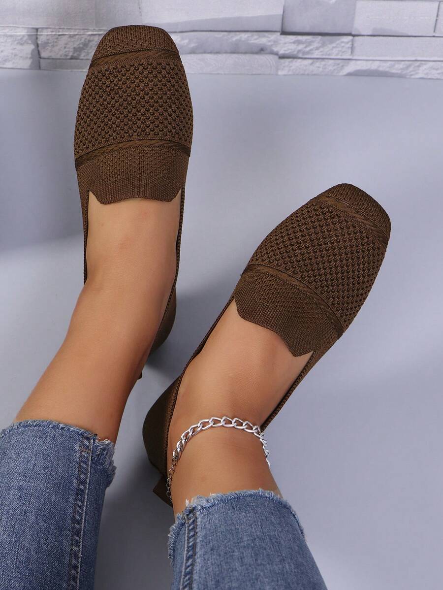 Women's Knitted Flat Loafers, Comfortable Square Toe Dolly Shoes, Breathable Mother Shoes For Spring/Autumn