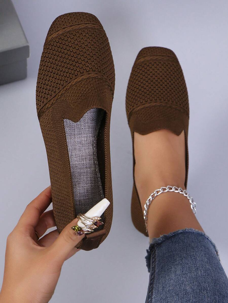 Women's Knitted Flat Loafers, Comfortable Square Toe Dolly Shoes, Breathable Mother Shoes For Spring/Autumn