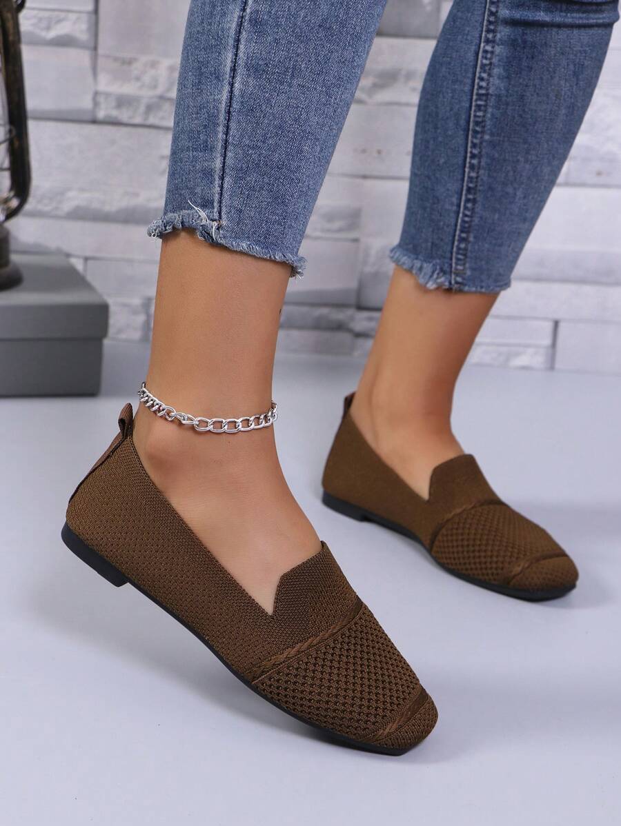 Women's Knitted Flat Loafers, Comfortable Square Toe Dolly Shoes, Breathable Mother Shoes For Spring/Autumn