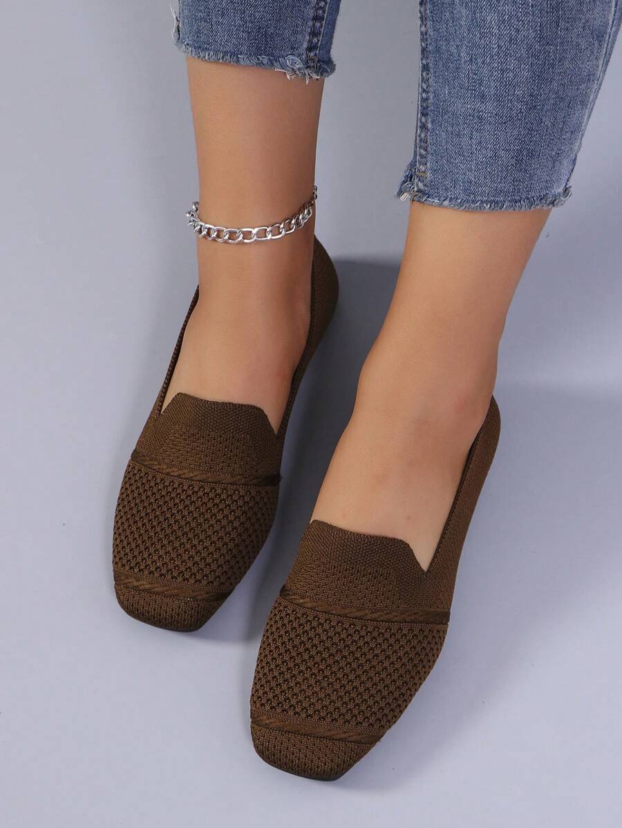 Women's Knitted Flat Loafers, Comfortable Square Toe Dolly Shoes, Breathable Mother Shoes For Spring/Autumn