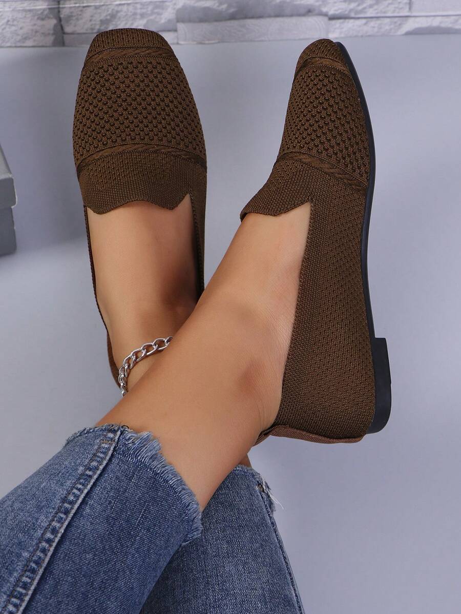 Women's Knitted Flat Loafers, Comfortable Square Toe Dolly Shoes, Breathable Mother Shoes For Spring/Autumn