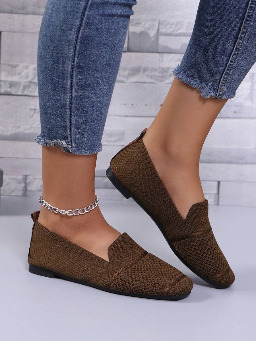 Women's Knitted Flat Loafers, Comfortable Square Toe Dolly Shoes, Breathable Mother Shoes For Spring/Autumn
