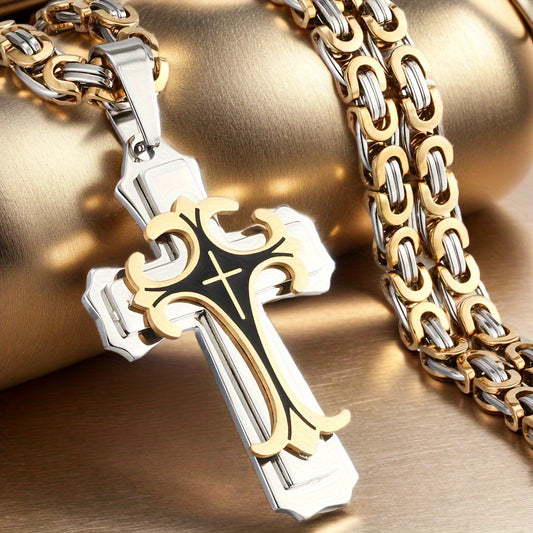 Retro Gilt Men's Necklace – Multi-Layer Cross Pendant with Flat Handmade Chain