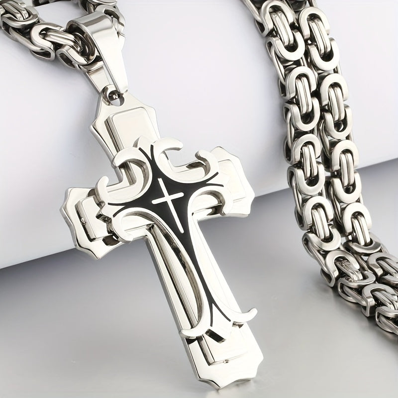 Retro Gilt Men's Necklace – Multi-Layer Cross Pendant with Flat Handmade Chain