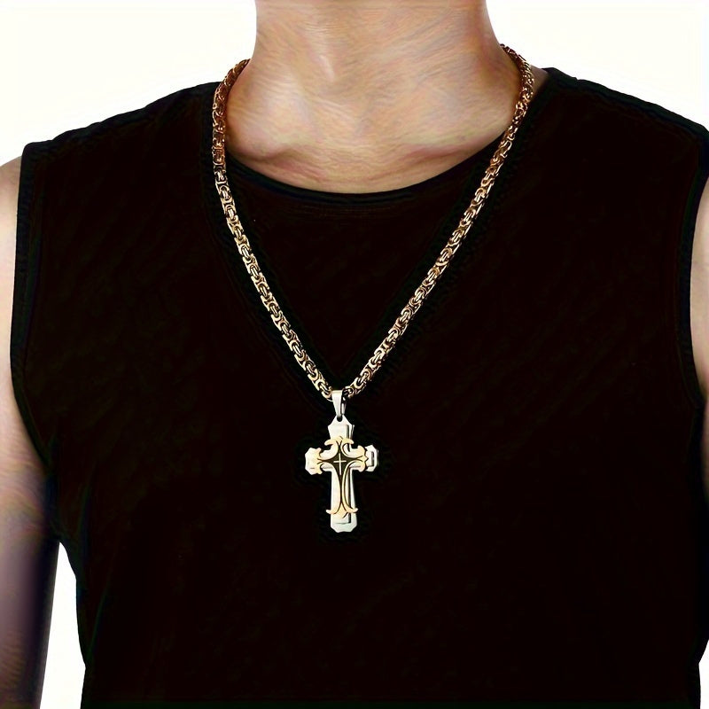 Retro Gilt Men's Necklace – Multi-Layer Cross Pendant with Flat Handmade Chain