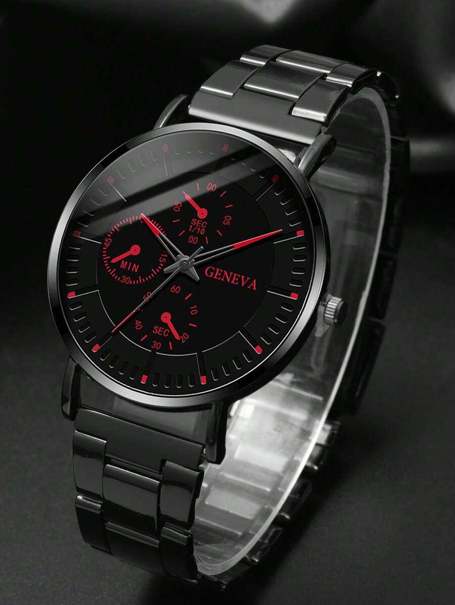 3PCS Men’s Quartz Watch & Bracelet Set – Steel Strap Watch with Lion Crown Bead Bracelet