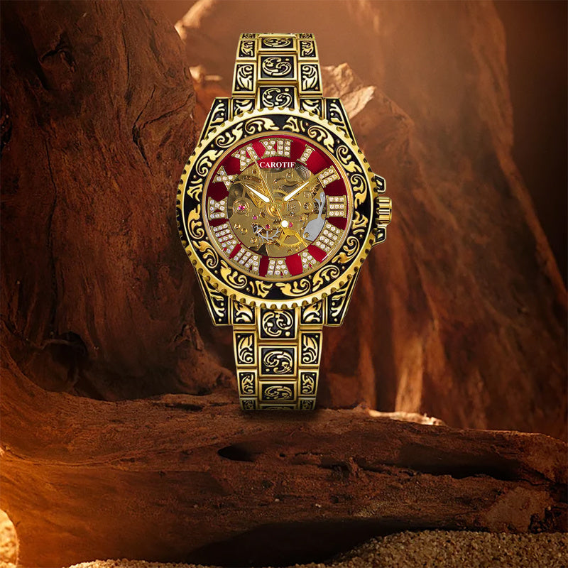 1pc Men's Red Steel Belt Retro Style Mechanical Watch – Luminous & Carved Design