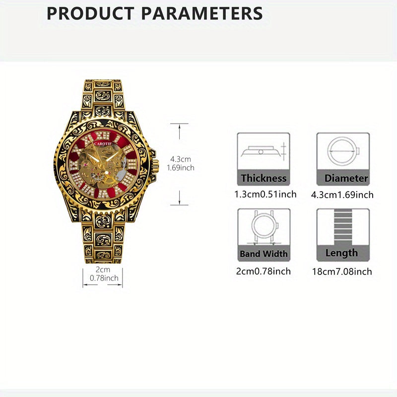 1pc Men's Red Steel Belt Retro Style Mechanical Watch – Luminous & Carved Design
