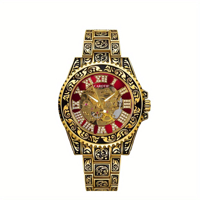 1pc Men's Red Steel Belt Retro Style Mechanical Watch – Luminous & Carved Design