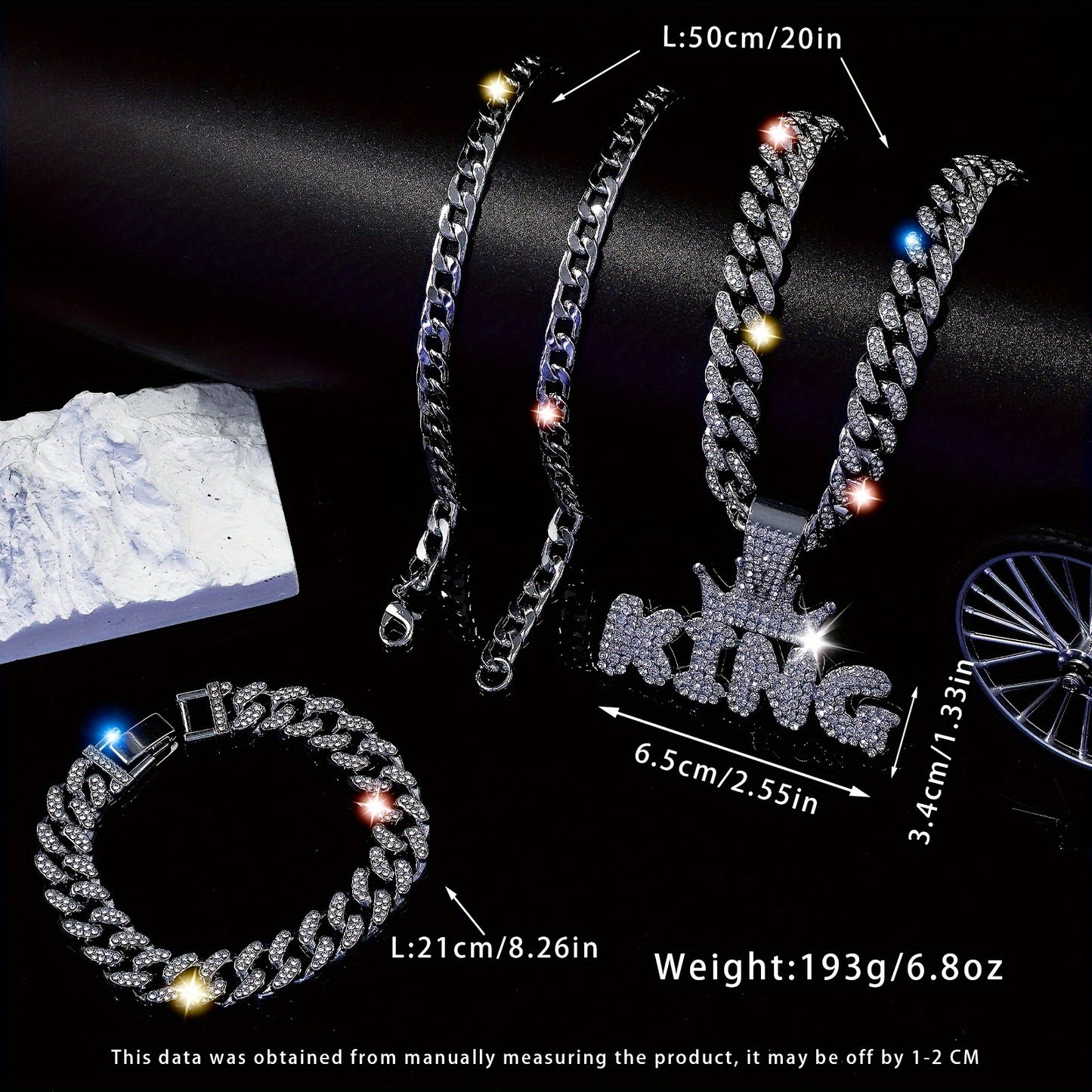 3pcs Miami Punk Hip-hop Crown Letter KING Pendant Cuban Chain Necklace Bracelet Inlaid, Unisex Neck Jewelry Gift