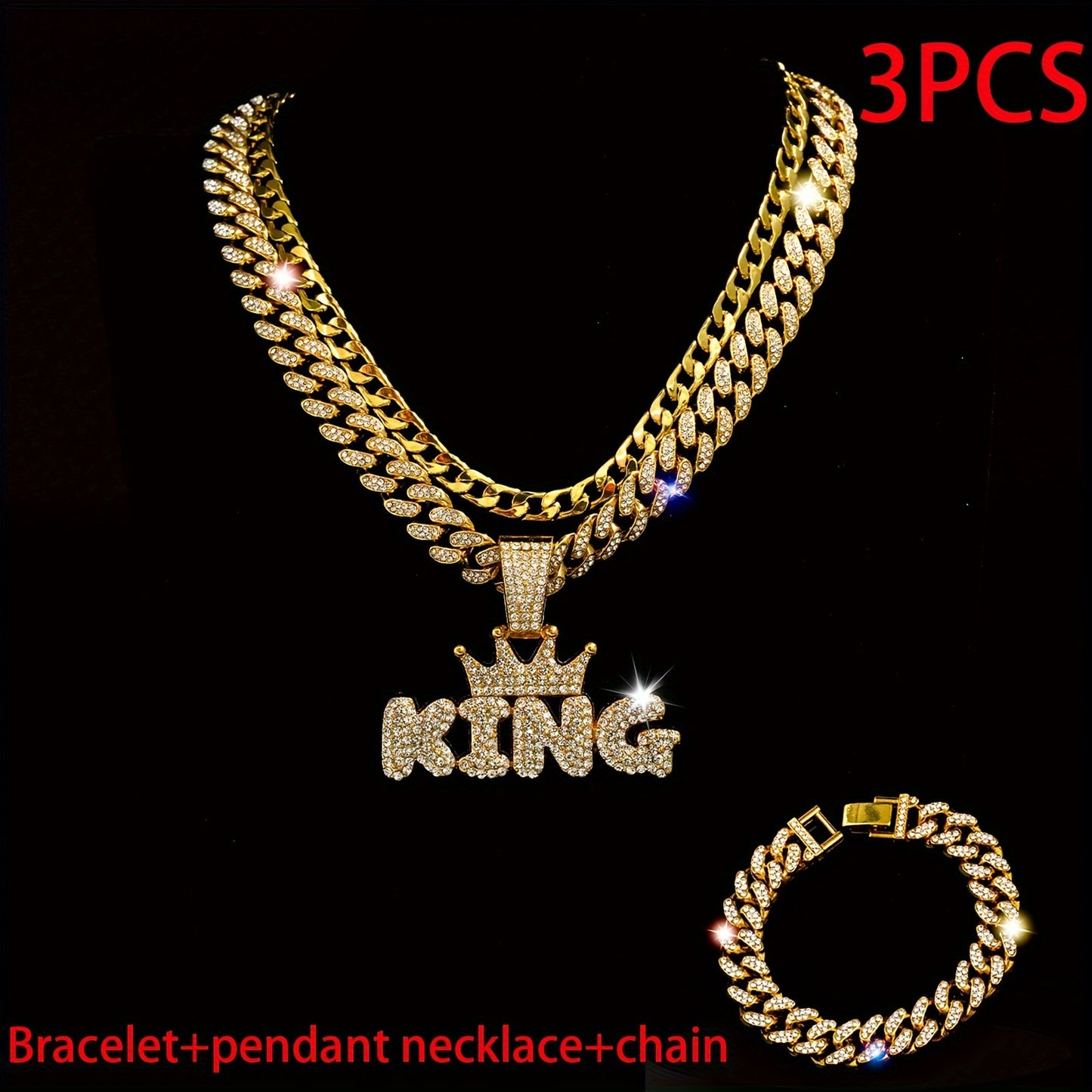 3pcs Miami Punk Hip-hop Crown Letter KING Pendant Cuban Chain Necklace Bracelet Inlaid, Unisex Neck Jewelry Gift