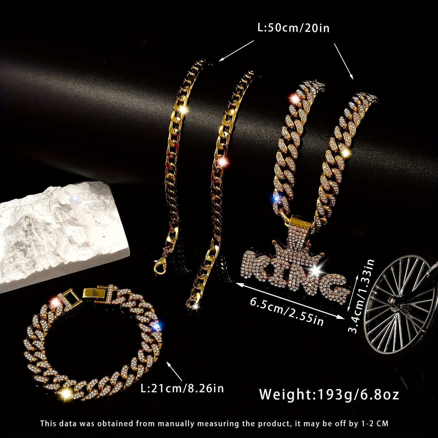3pcs Miami Punk Hip-hop Crown Letter KING Pendant Cuban Chain Necklace Bracelet Inlaid, Unisex Neck Jewelry Gift