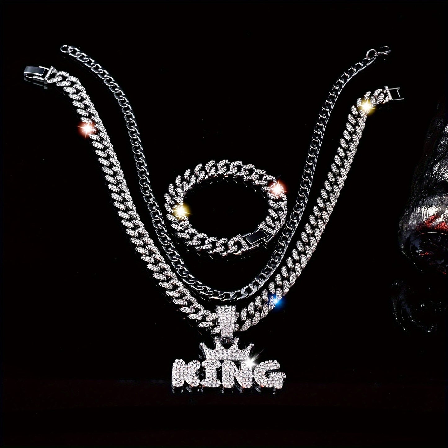 3pcs Miami Punk Hip-hop Crown Letter KING Pendant Cuban Chain Necklace Bracelet Inlaid, Unisex Neck Jewelry Gift