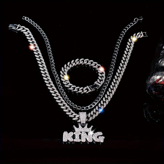 3pcs Miami Punk Hip-hop Crown Letter KING Pendant Cuban Chain Necklace Bracelet Inlaid, Unisex Neck Jewelry Gift