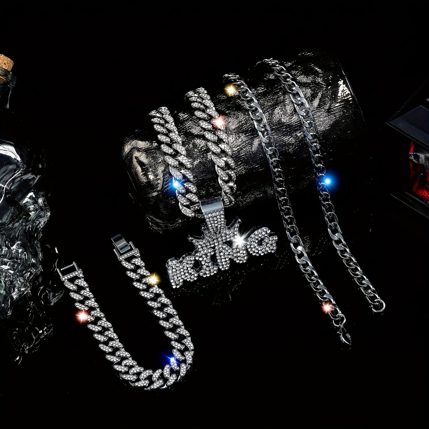 3pcs Miami Punk Hip-hop Crown Letter KING Pendant Cuban Chain Necklace Bracelet Inlaid, Unisex Neck Jewelry Gift