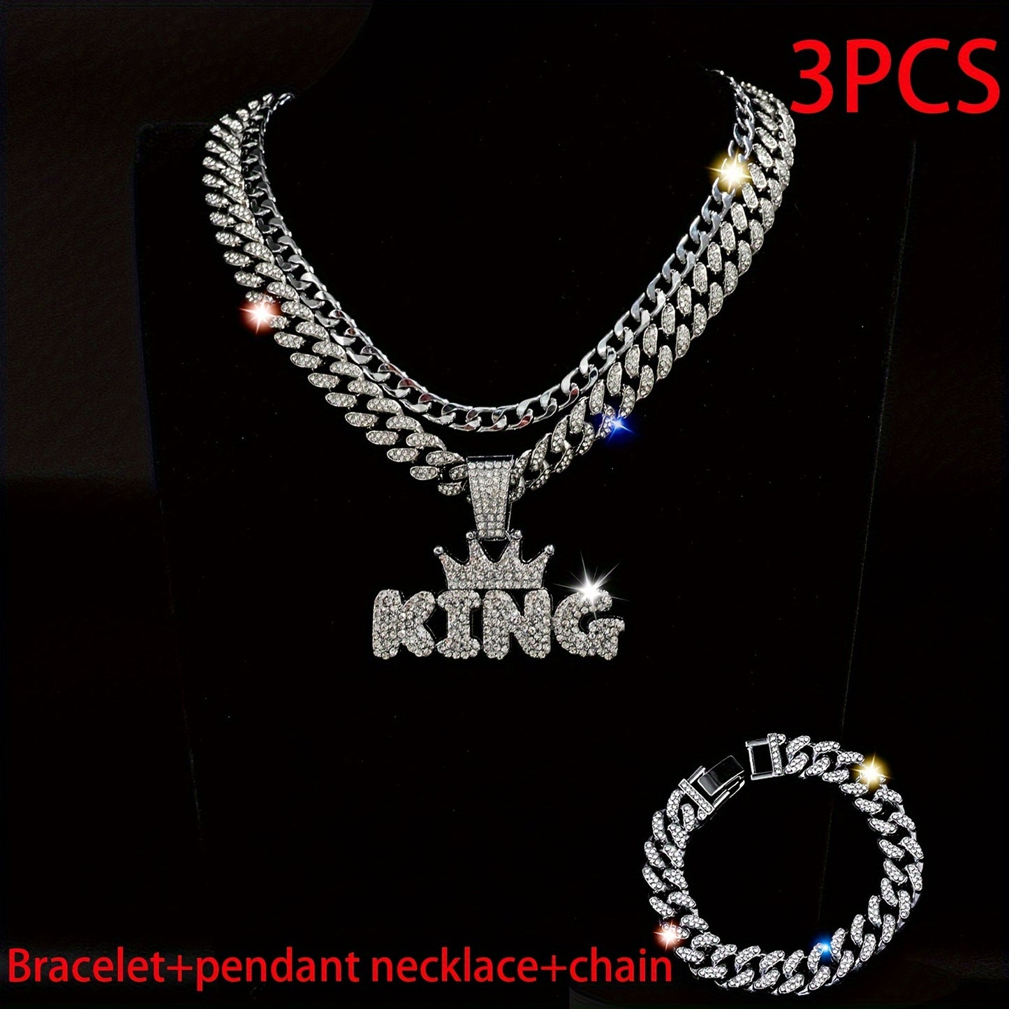 3pcs Miami Punk Hip-hop Crown Letter KING Pendant Cuban Chain Necklace Bracelet Inlaid, Unisex Neck Jewelry Gift