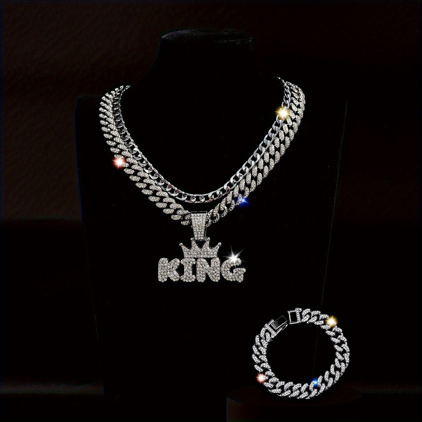 3pcs Miami Punk Hip-hop Crown Letter KING Pendant Cuban Chain Necklace Bracelet Inlaid, Unisex Neck Jewelry Gift