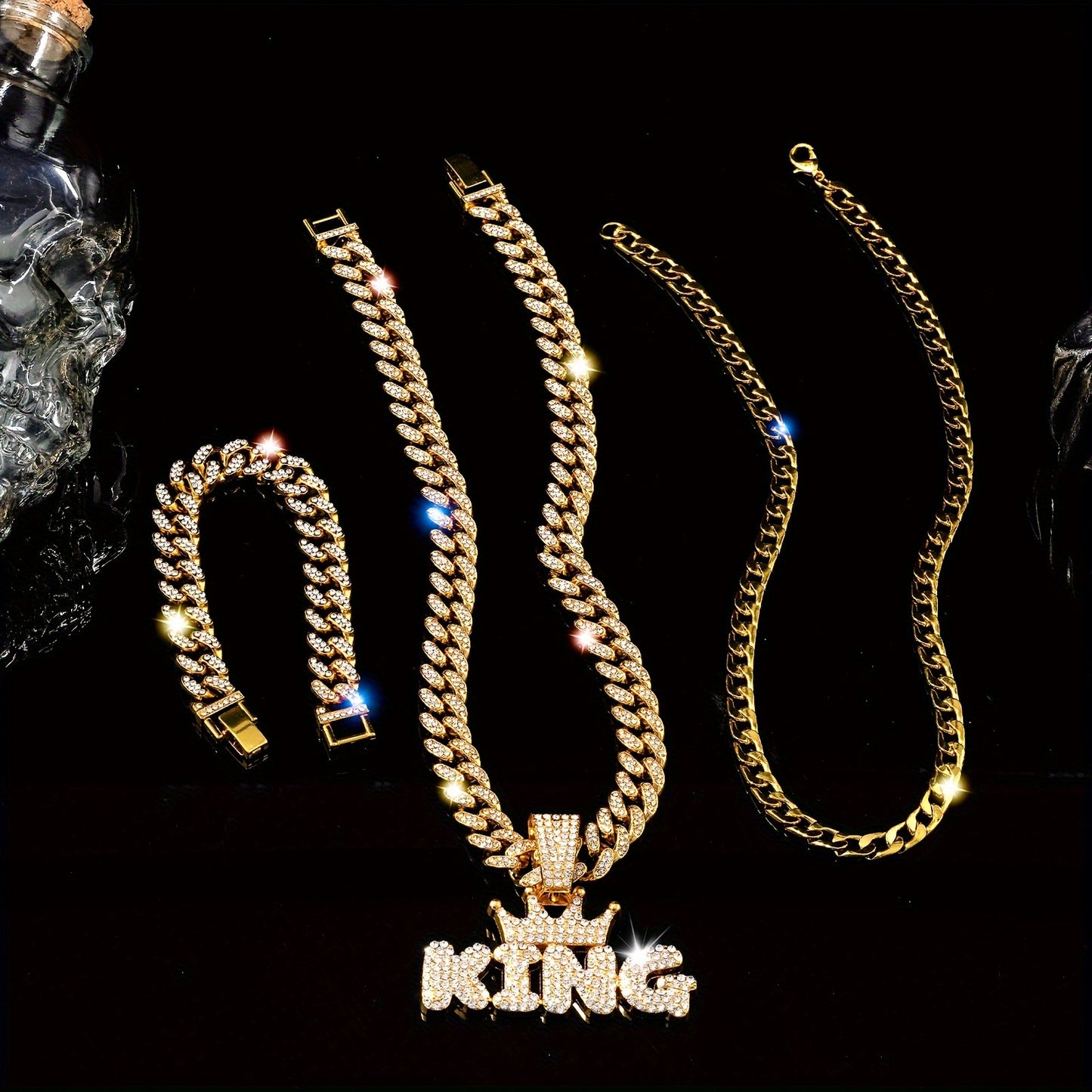 3pcs Miami Punk Hip-hop Crown Letter KING Pendant Cuban Chain Necklace Bracelet Inlaid, Unisex Neck Jewelry Gift