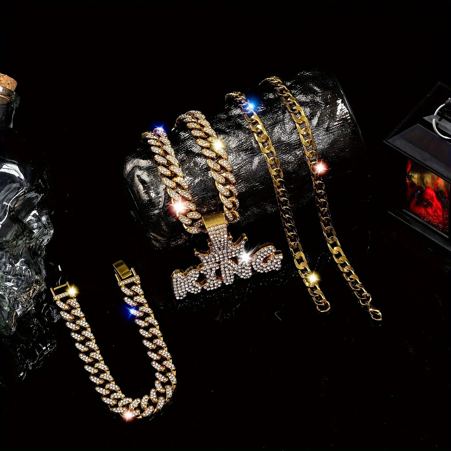 3pcs Miami Punk Hip-hop Crown Letter KING Pendant Cuban Chain Necklace Bracelet Inlaid, Unisex Neck Jewelry Gift