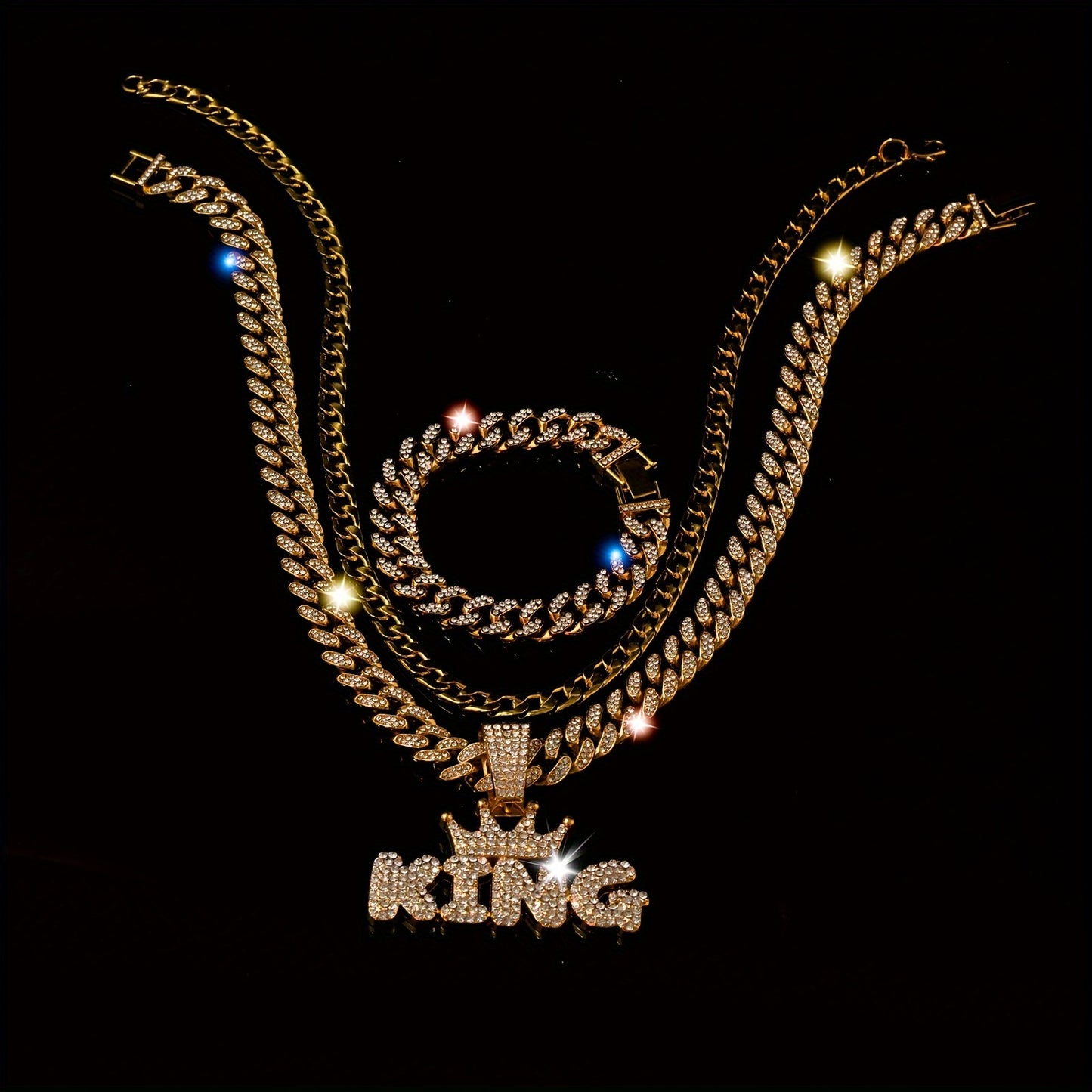 3pcs Miami Punk Hip-hop Crown Letter KING Pendant Cuban Chain Necklace Bracelet Inlaid, Unisex Neck Jewelry Gift