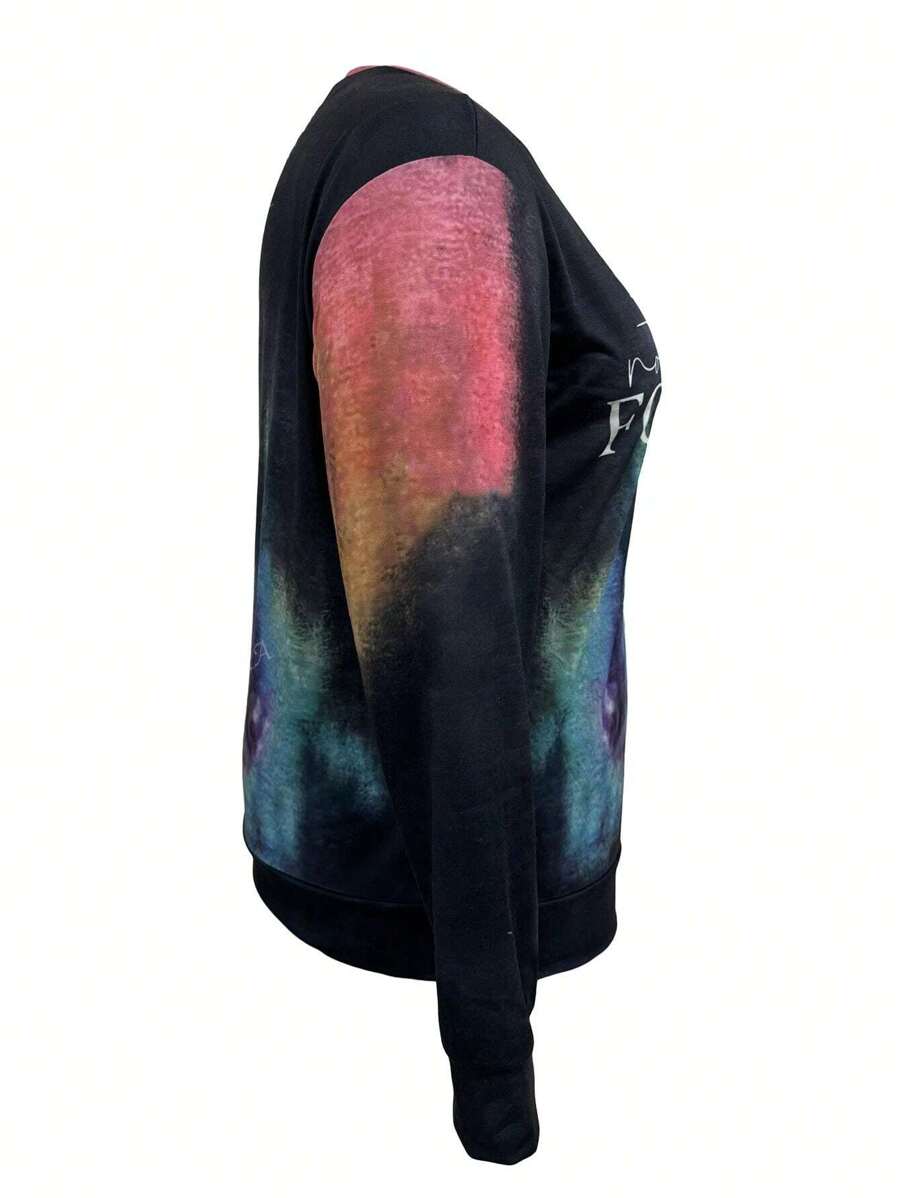 Plus Size English Text Ombre Print Crew Neck Sweatshirt