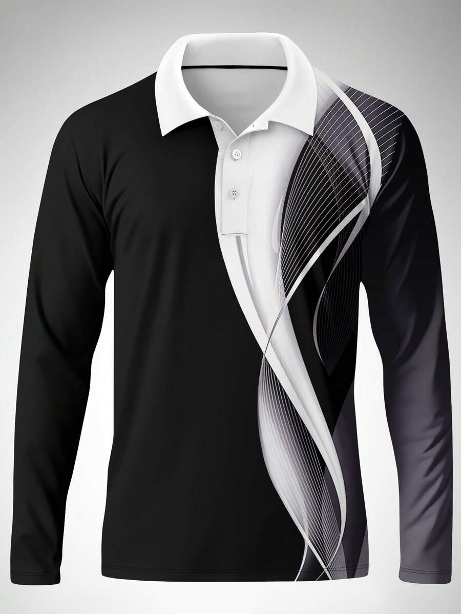Men's Striped Casual Commuter Long Sleeve Polo Shirt