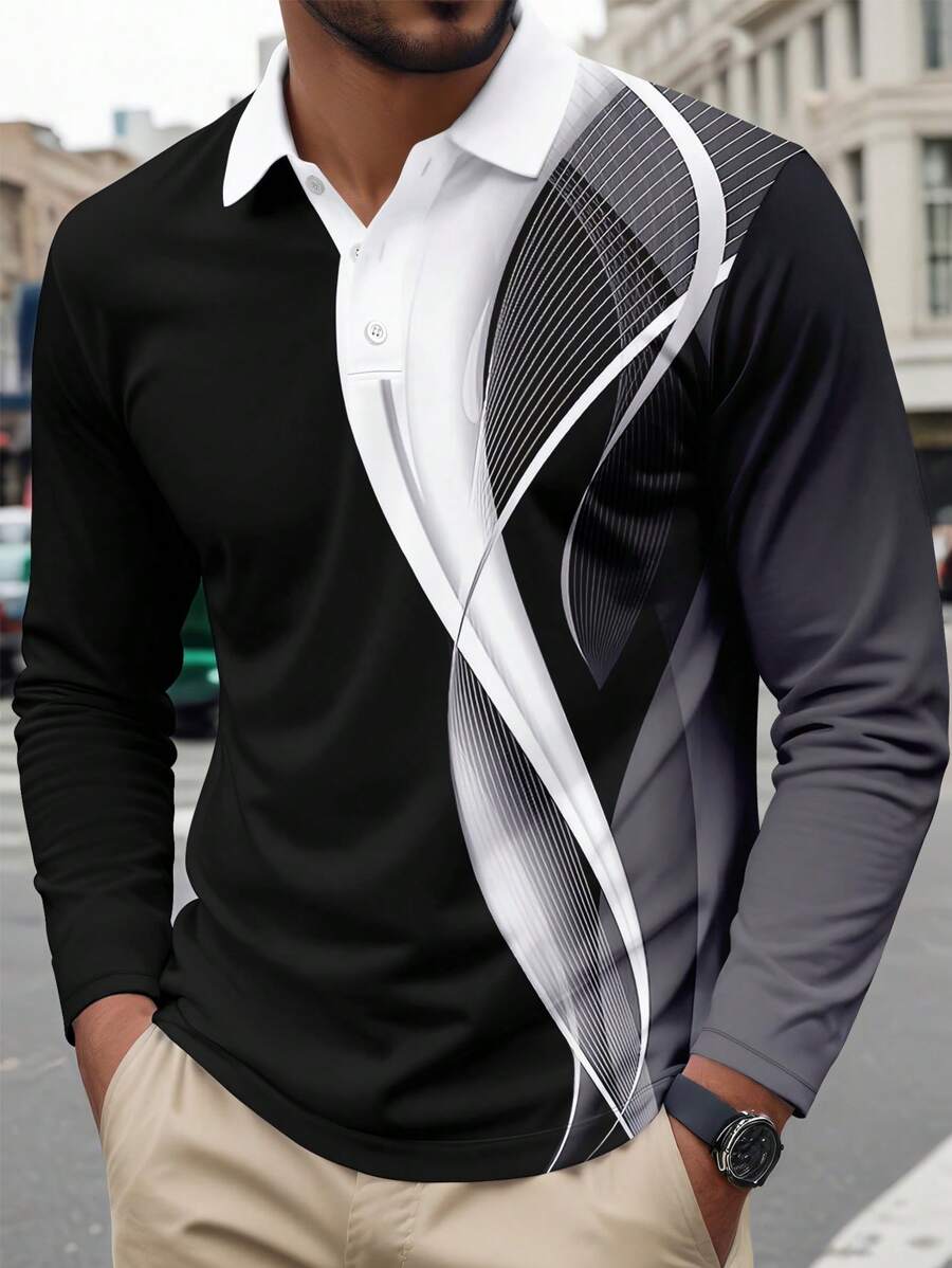Men's Striped Casual Commuter Long Sleeve Polo Shirt