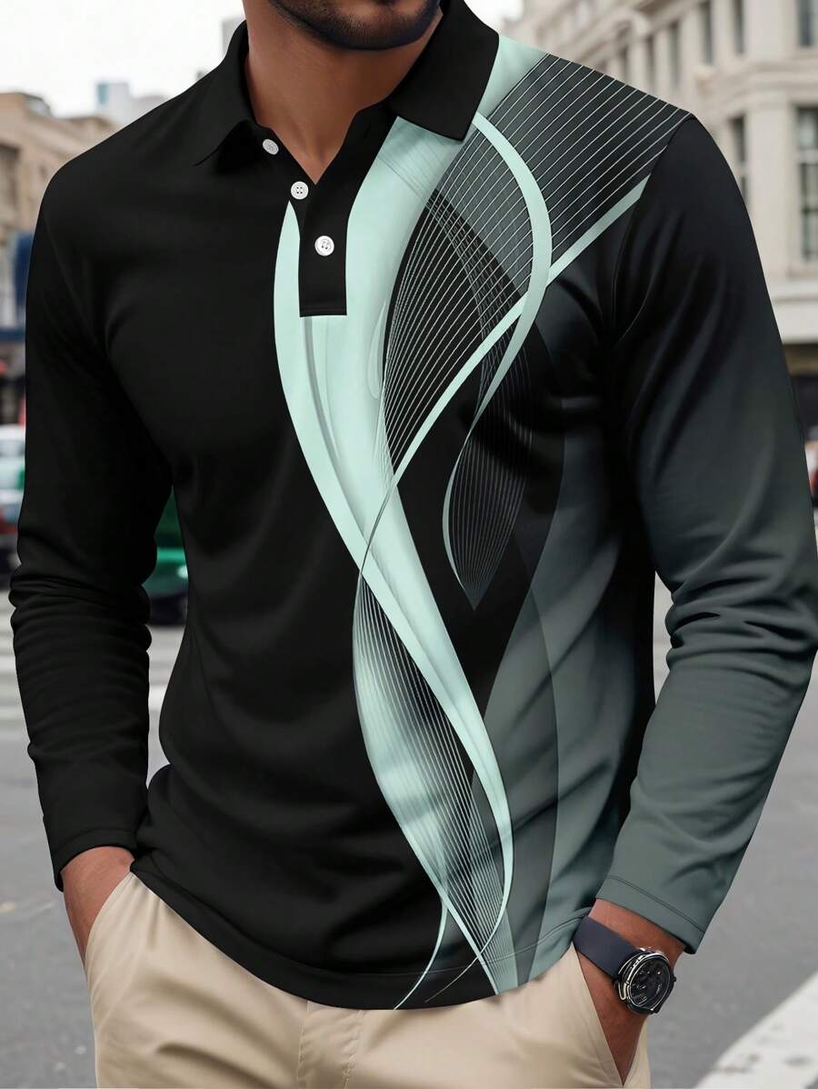 Men's Striped Casual Commuter Long Sleeve Polo Shirt