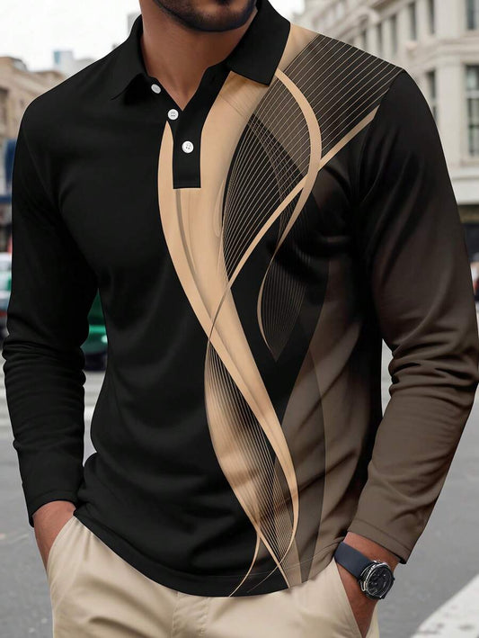 Men's Striped Casual Commuter Long Sleeve Polo Shirt