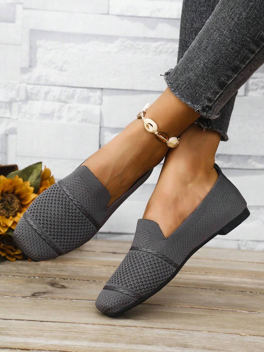 Women's Knitted Flat Loafers, Comfortable Square Toe Dolly Shoes, Breathable Mother Shoes For Spring/Autumn