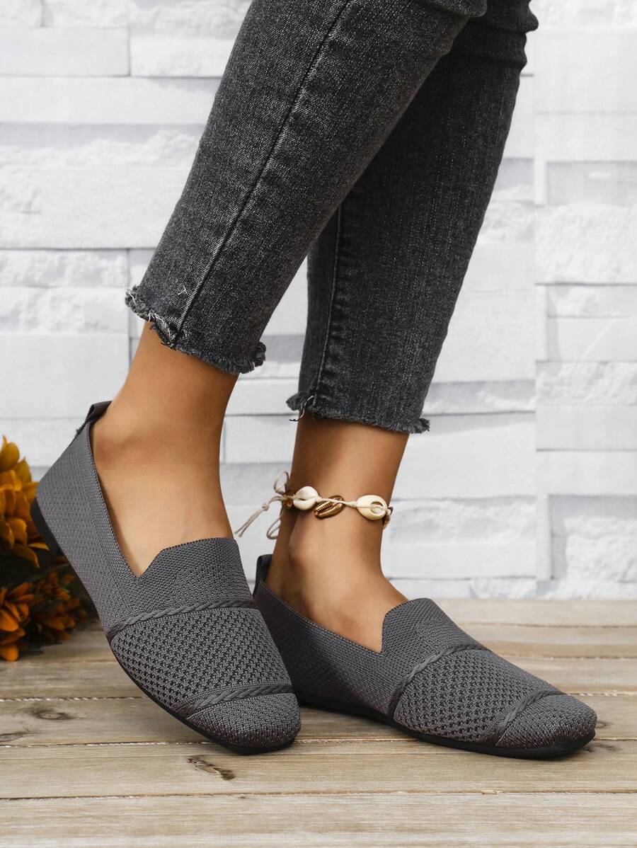 Women's Knitted Flat Loafers, Comfortable Square Toe Dolly Shoes, Breathable Mother Shoes For Spring/Autumn