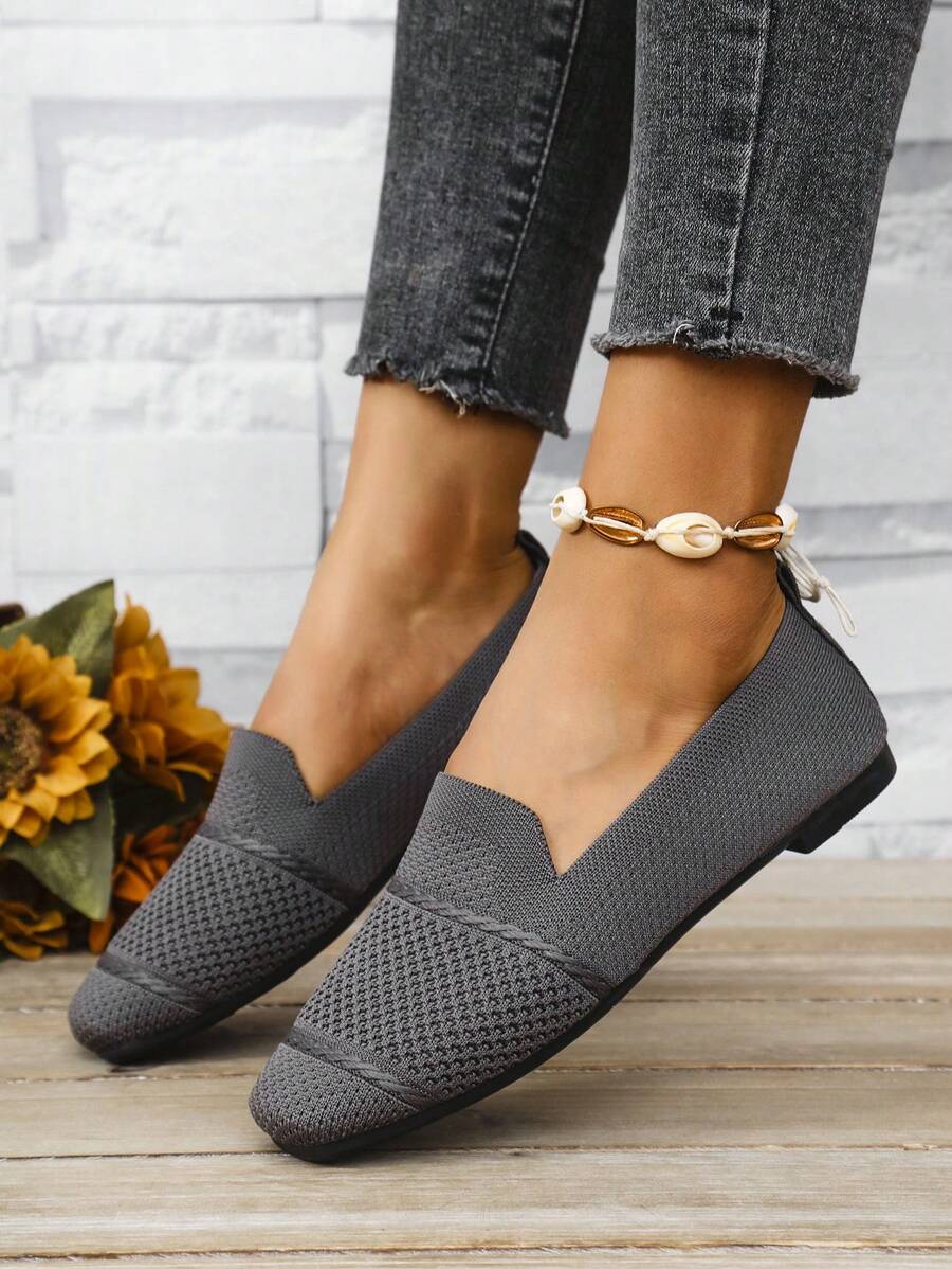 Women's Knitted Flat Loafers, Comfortable Square Toe Dolly Shoes, Breathable Mother Shoes For Spring/Autumn