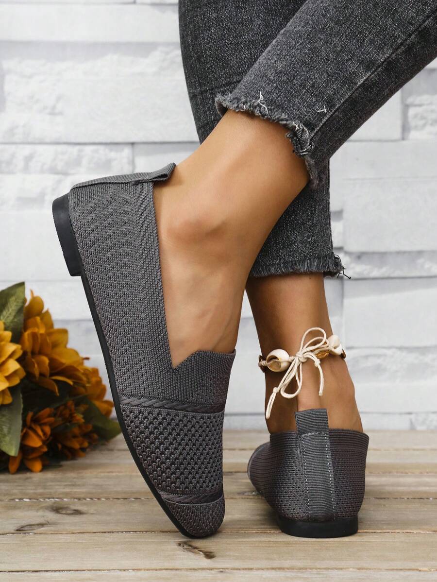 Women's Knitted Flat Loafers, Comfortable Square Toe Dolly Shoes, Breathable Mother Shoes For Spring/Autumn