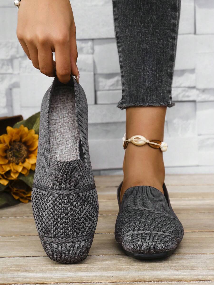 Women's Knitted Flat Loafers, Comfortable Square Toe Dolly Shoes, Breathable Mother Shoes For Spring/Autumn