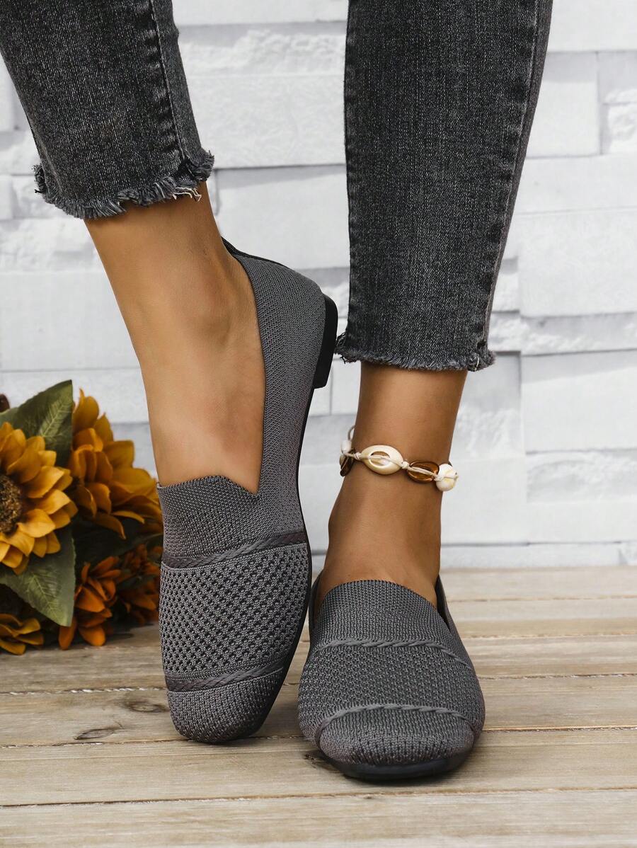 Women's Knitted Flat Loafers, Comfortable Square Toe Dolly Shoes, Breathable Mother Shoes For Spring/Autumn