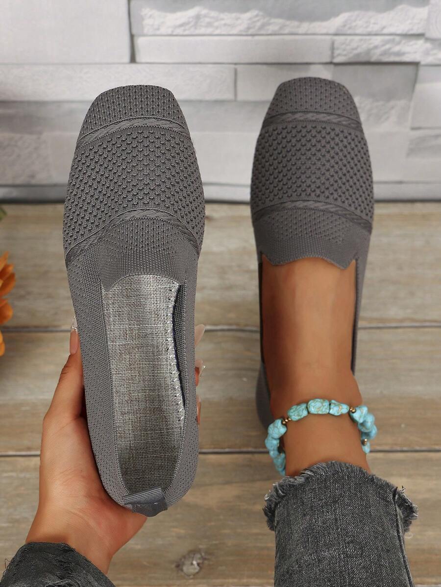 Women's Knitted Flat Loafers, Comfortable Square Toe Dolly Shoes, Breathable Mother Shoes For Spring/Autumn