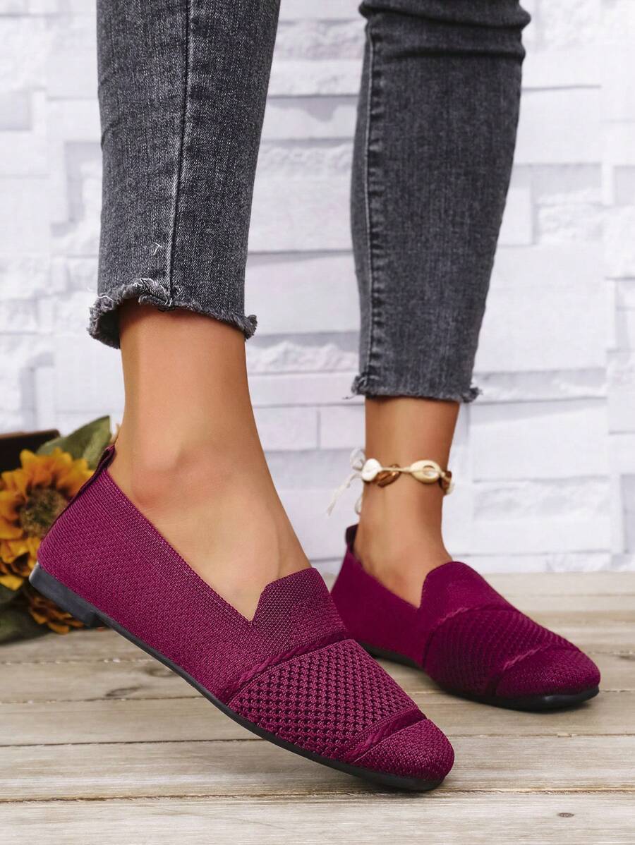 Women's Knitted Flat Loafers, Comfortable Square Toe Dolly Shoes, Breathable Mother Shoes For Spring/Autumn
