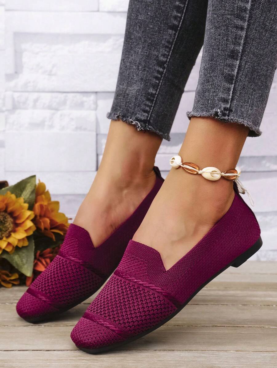 Women's Knitted Flat Loafers, Comfortable Square Toe Dolly Shoes, Breathable Mother Shoes For Spring/Autumn