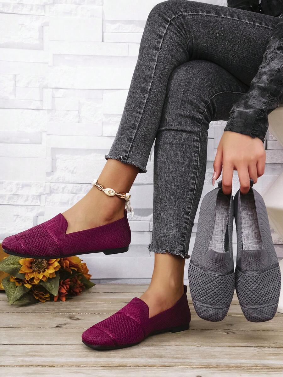 Women's Knitted Flat Loafers, Comfortable Square Toe Dolly Shoes, Breathable Mother Shoes For Spring/Autumn